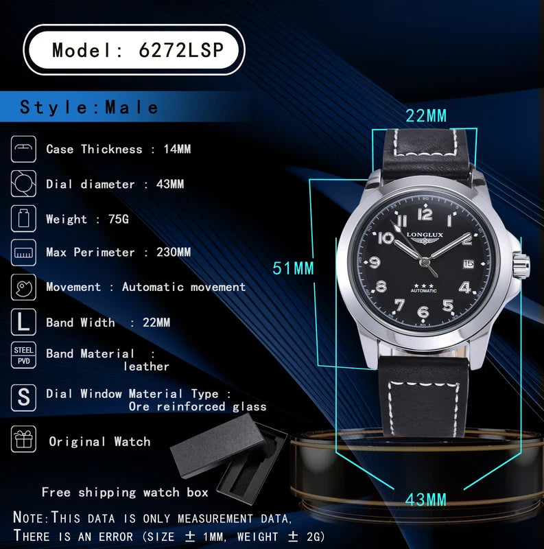 Men's Automatic Mechanical Pilot Watch Waterproof Luminous Leather Strap Classic Business