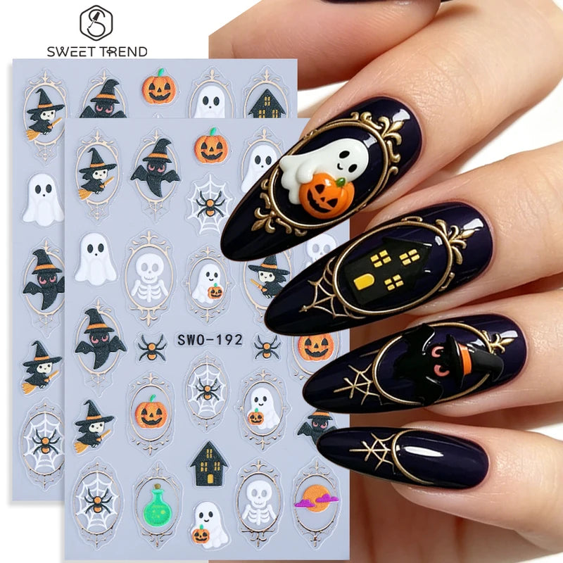 Halloween Nail Stickers Cartoon Ghost Pumpkin Skeleton Bat Decals DIY Manicure Decorations