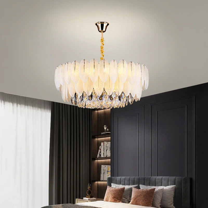 Modern Crystal Chandelier with Gold Finish - Dimmable Tri-Color E14 Fixture
