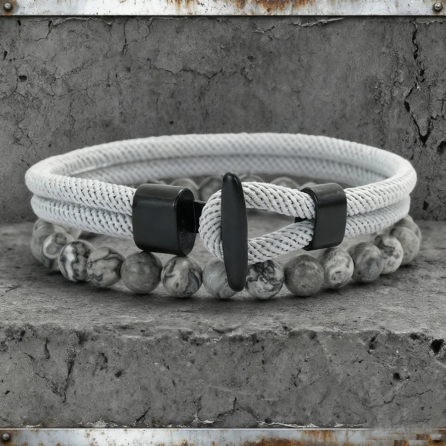 Men Bracelet Set 2Pcs Nautical Rope Wrap with Tiger Eyes & Onyx Stones - Multiple Colors