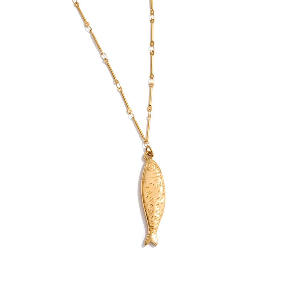 Ocean Fish Pendant Necklace & Earrings Jewelry Set - Stainless Steel, Gold PVD Plated