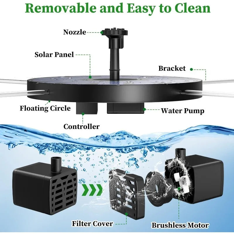 Outdoor Solar Fountain Pump Kit with 6 Nozzles for Garden Pond Decoration