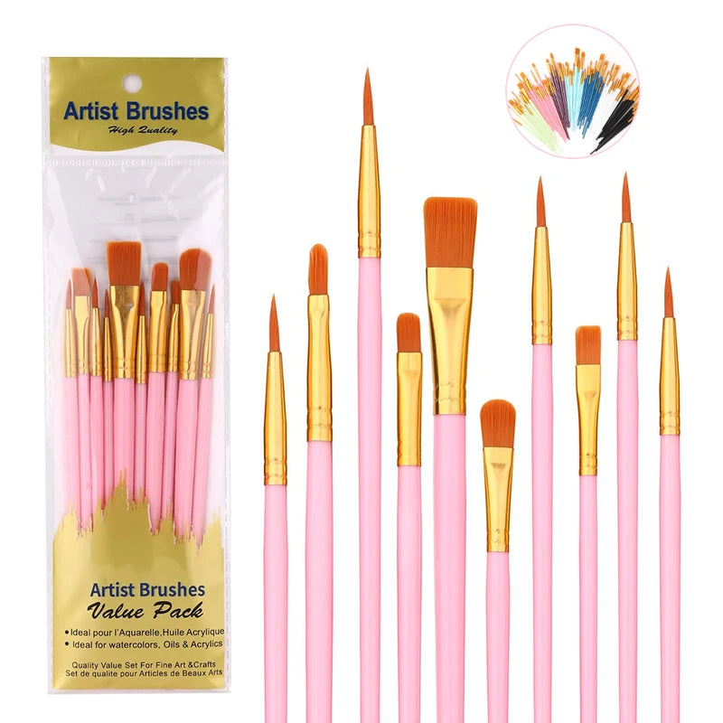 10-Piece Artist Paint Brush Set - Nylon Hair Watercolor & Body Painting Tools