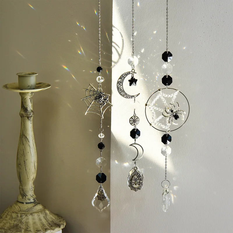 3pcs Gothic Spider Web Wind Chimes with Crystals Wall Decor for Halloween and Home Garden