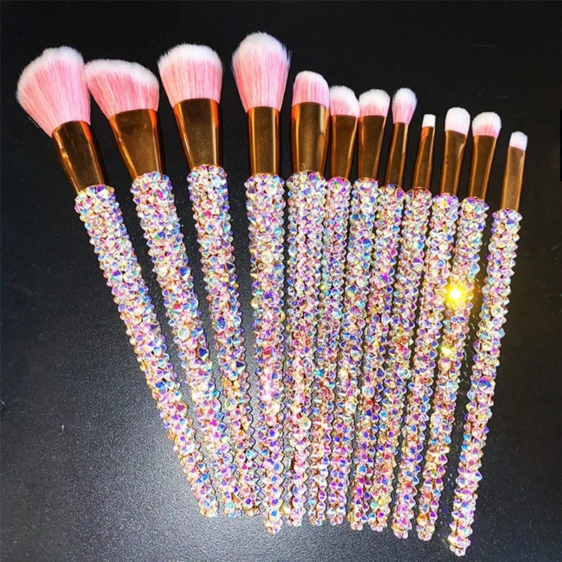 Diamond-Studded Makeup Brushes 12-Piece Set Garnished with Gems for Foundation Concealer