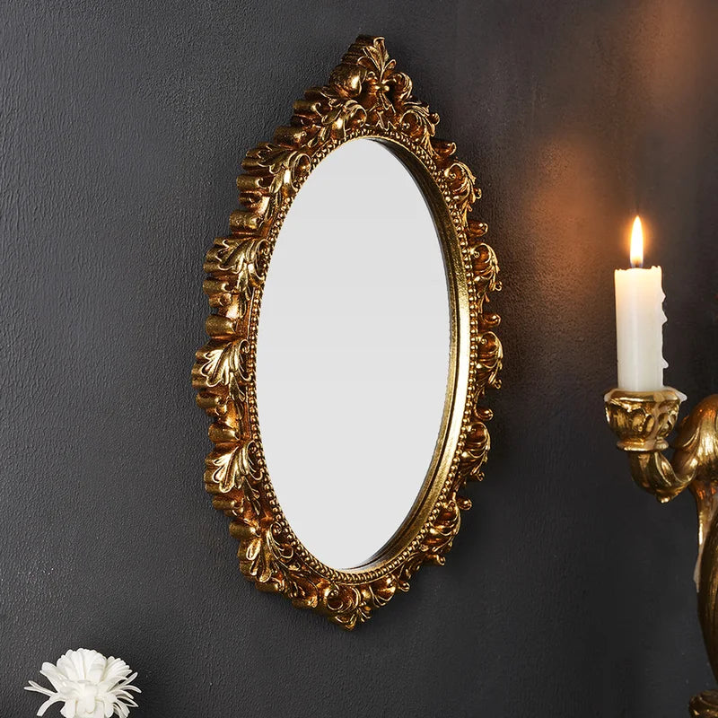 Golden Oval Resin Wall Mirror - Room Decor Hanging Mirror for Bedroom