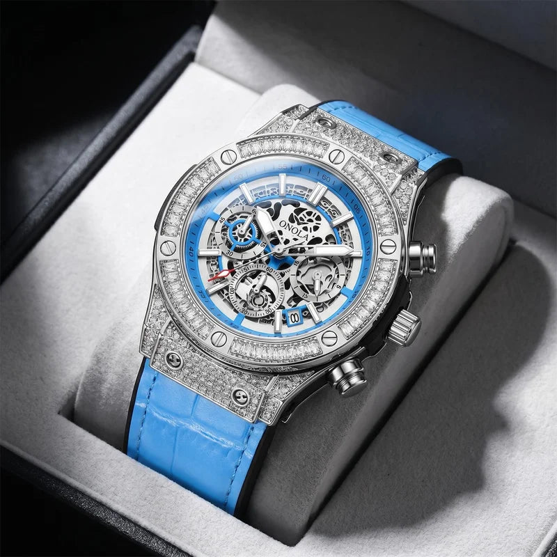 ONOLA Men's Skeleton Diamond Bezel Chronograph Watch with Red Leather Strap Waterproof