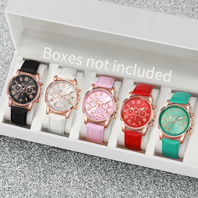 Women's Fashion Quartz Watches Set 5PCS Leather & Silicone Bands Multiple Colors