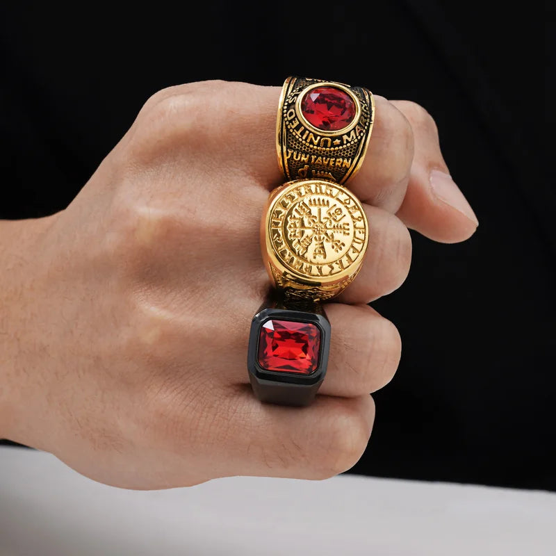 Men's Retro Niche Ring - Stainless Steel Carved Gemstone Inlaid Jewelry