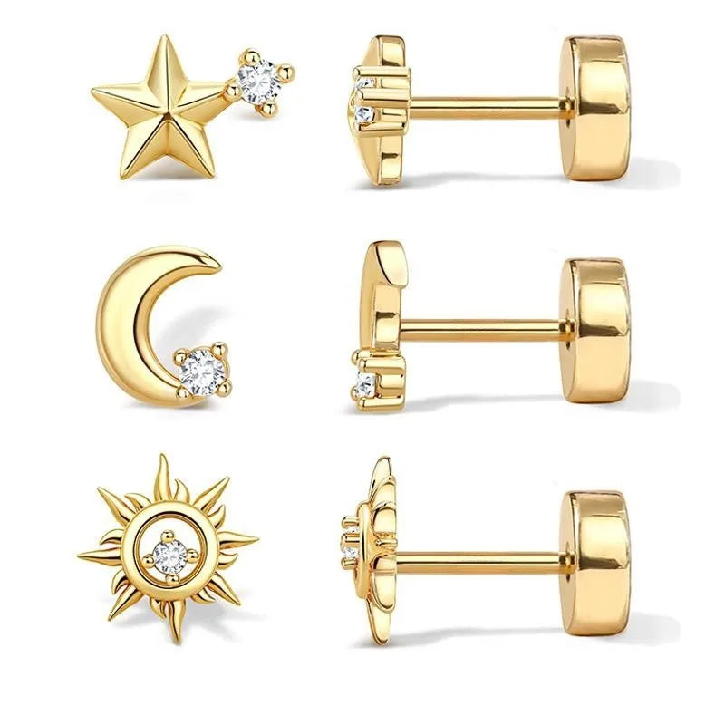 Hypoallergenic 14k Gold Plated Flat Back Stud Earrings Set for Men Women - Cartilage & Lip Piercing Jewelry