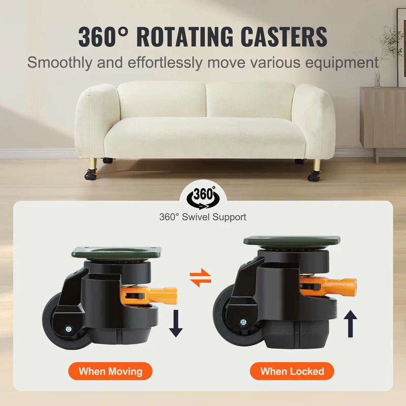 Heavy Duty Adjustable Swivel Caster Wheels with Handle - Set of 4