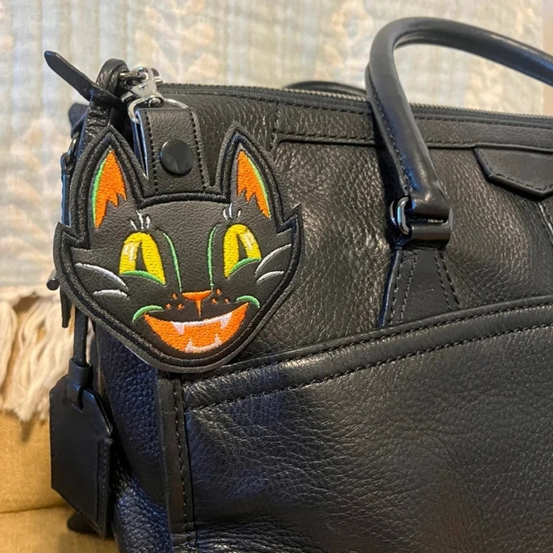 Vintage Halloween Black Cat Keychain with Embroidered Vinyl Design
