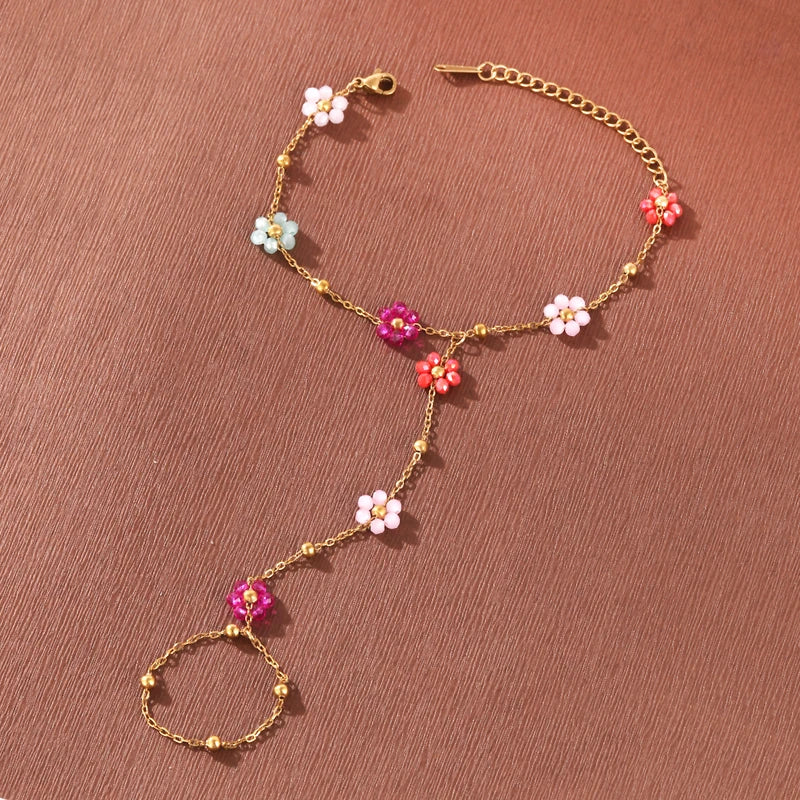 Colorful Crystal Beaded Flower Hand Chain Bracelet for Women Stainless Steel Jewelry