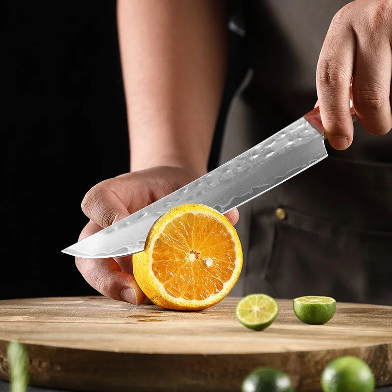 Damascus Steel Chef Knife with Wooden Handle - Handmade Kitchen Cutlery