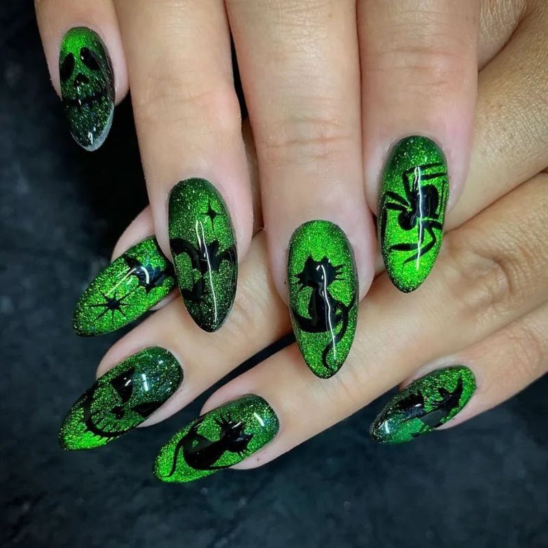 24pcs Halloween Fake Nail Tips with Bat Skeleton & Spider Web Patterns - Press-On Nails