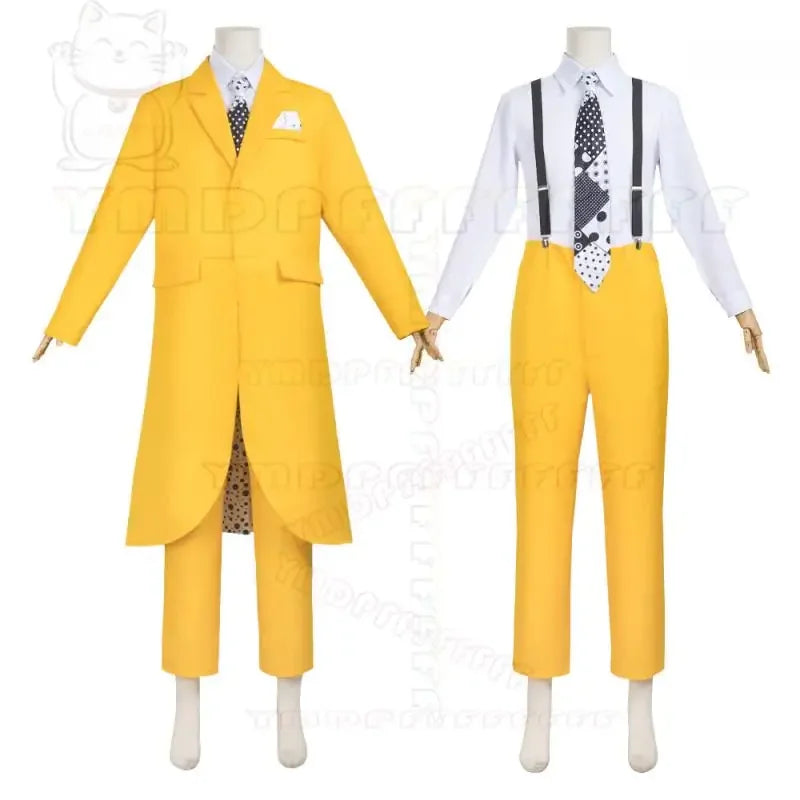 Anime Jim Carry Mask Man Costume Set - Yellow Long Suit Cosplay Halloween