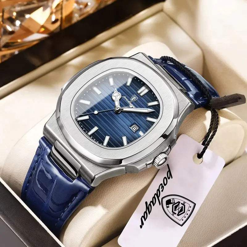 Luxury Men’s Square Waterproof Luminous Business Wristwatch with Leather Strap