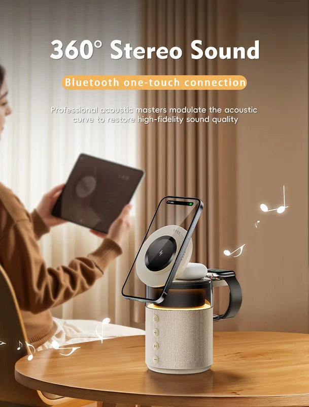 5-in-1 Magnetic Wireless Charging Station with Speaker Night Light Fast Charger for iPhone iWatch AirPods
