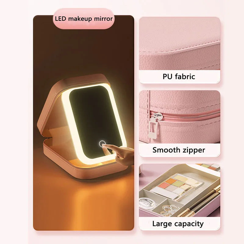 LED Makeup Bag with Mirror - Portable Cosmetic Storage for Women, Small Lighted Organizer