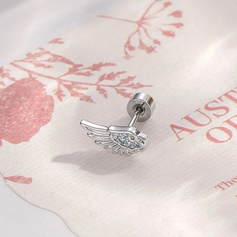 Hypoallergenic Titanium Earring Stud for Women and Girls - Angel Wing Design, Flat Back Body Jewelry