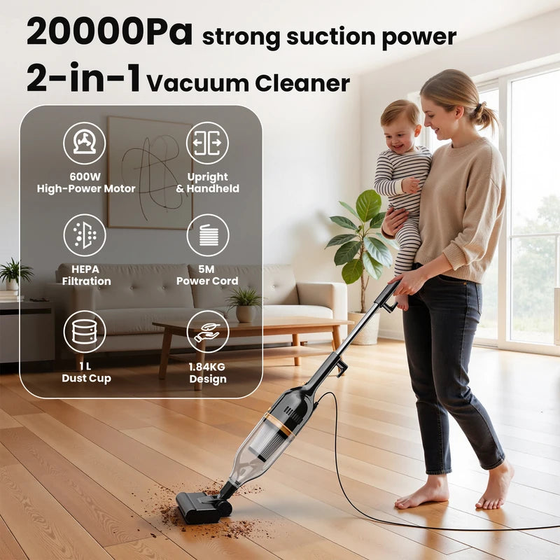 Corded Stick Vacuum Cleaner 600W Powerful Handheld & 3-in-1 Lightweight for Home Pet Hair
