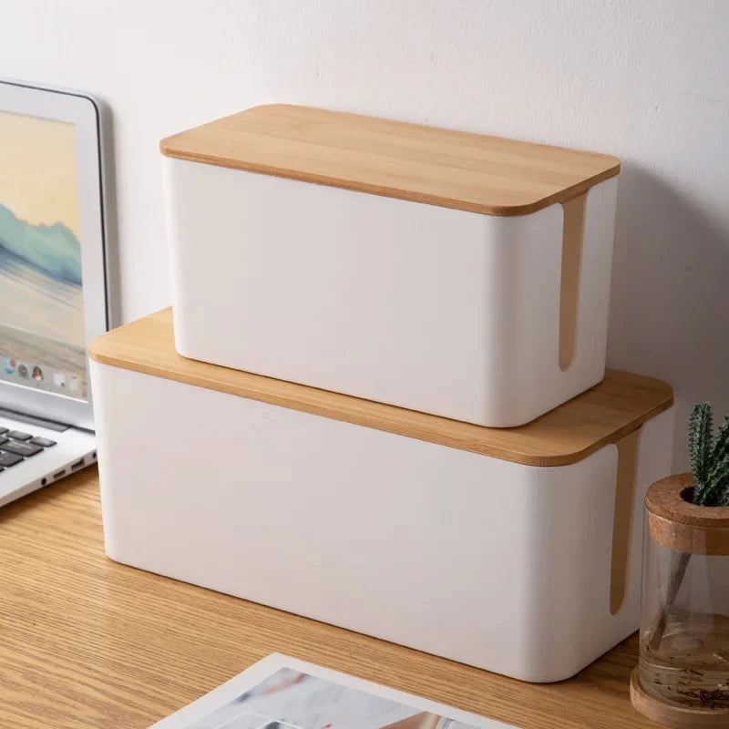 Wooden Cable Storage Box Organizer Dustproof Wire Case for Home & Office