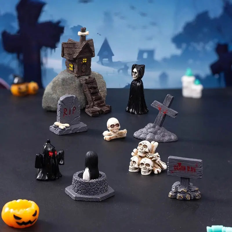 Halloween Miniature Figurine Bone Skull Coffin House Chair Ghost Decor Resin