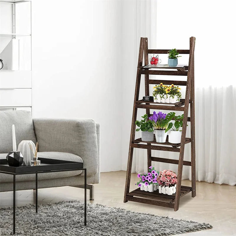 Folding 4-Tier Wooden Ladder Shelf - Indoor Plant & Storage Rack