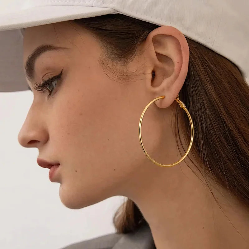 Lightweight 18K Gold Plated Hoop Earrings for Women - Hypoallergenic Stainless Steel, Multiple Sizes & Colors