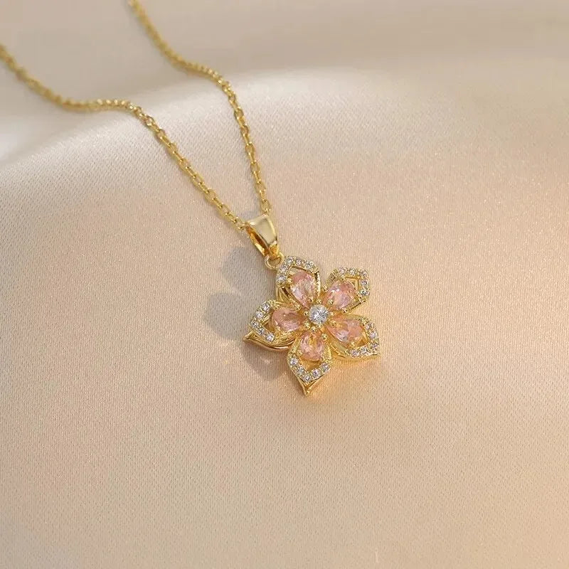 Luxury Zircon Flower Pendant Necklace for Women Gold Tone Chain Jewelry
