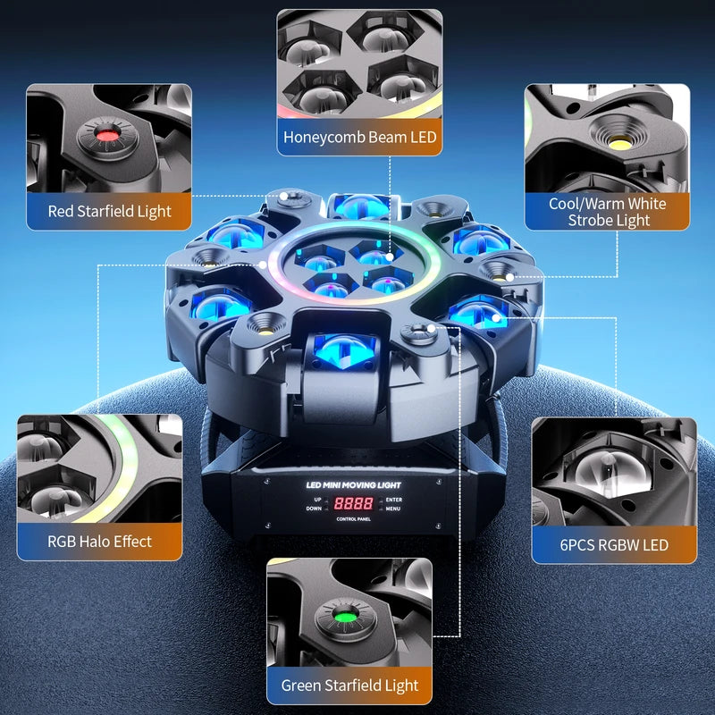 150W RGBW Moving Head Stage Light with Honeycomb Beam & Strobe Effects for DJ Parties