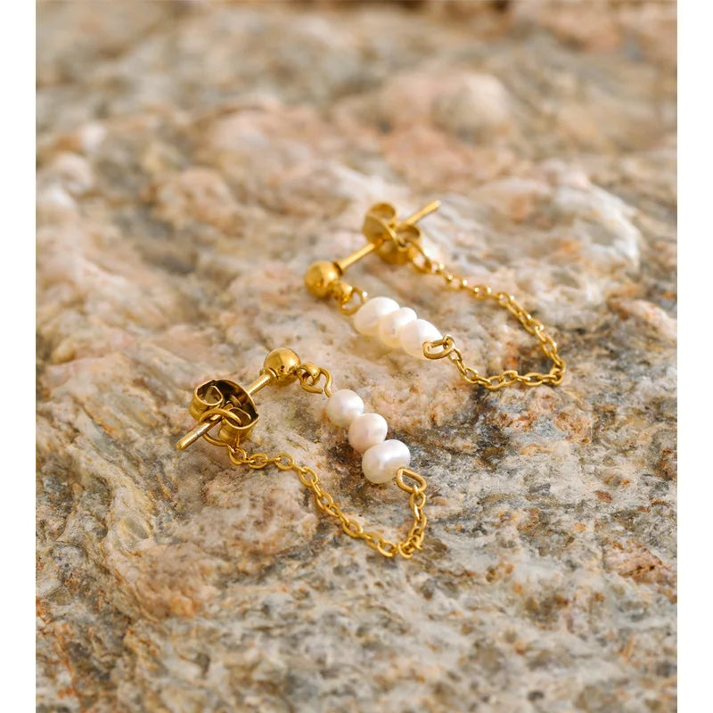 Women’s Stainless Steel Pearl Chain Drop Earrings with Tassel