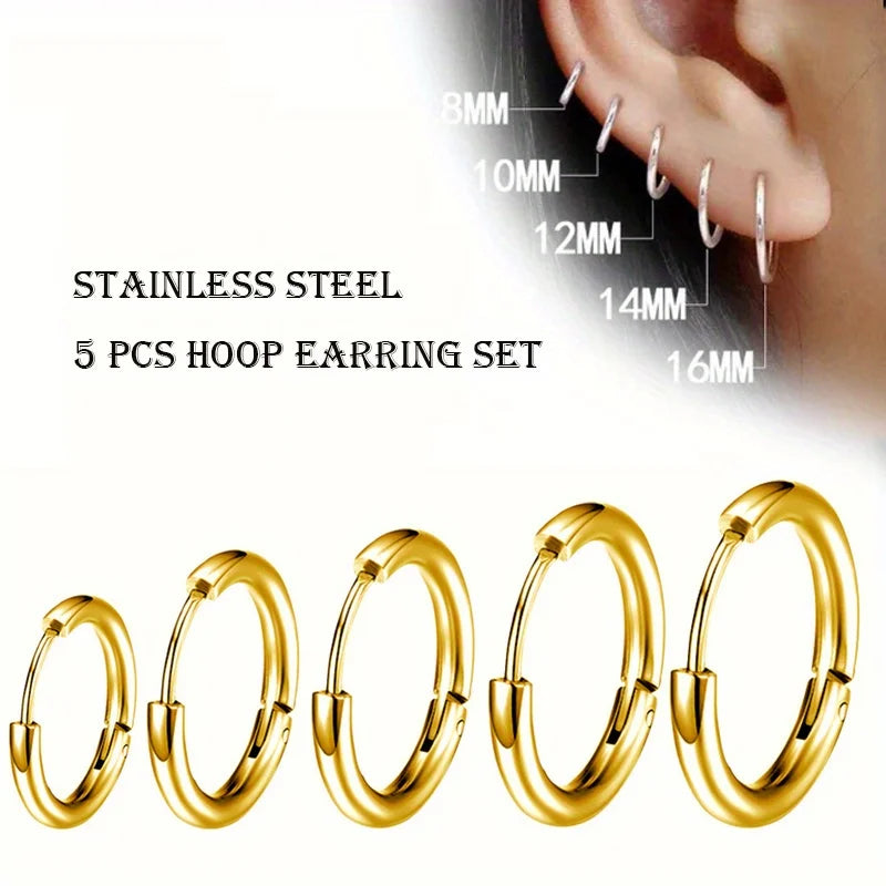 Men's Stainless Steel Hoop Earrings Set - Multiple Colors & Finish Options