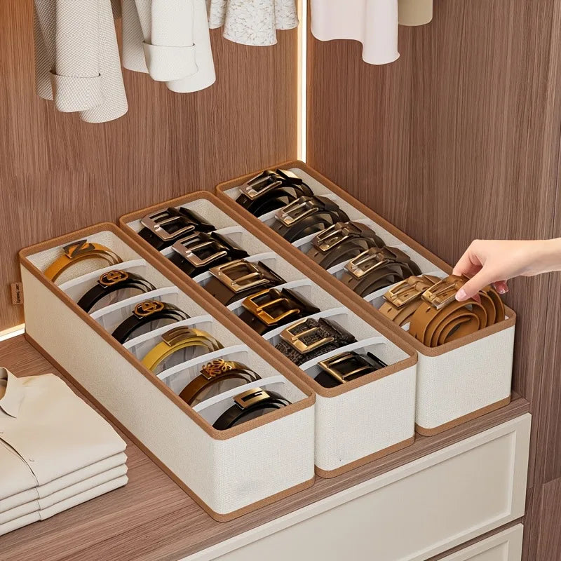 Leather-Style Belt & Accessory Organizer Box with 6 Compartments - Space-Saving Closet Storage