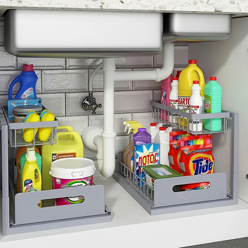 Under Sink Organizer with Sliding Drawer - Metal Storage Shelves for Kitchen Cabinets