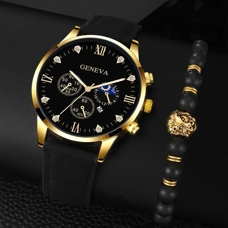 Men's Luxury Quartz Watch Set - Business Casual Round Dial with Calendar - 2 Pieces