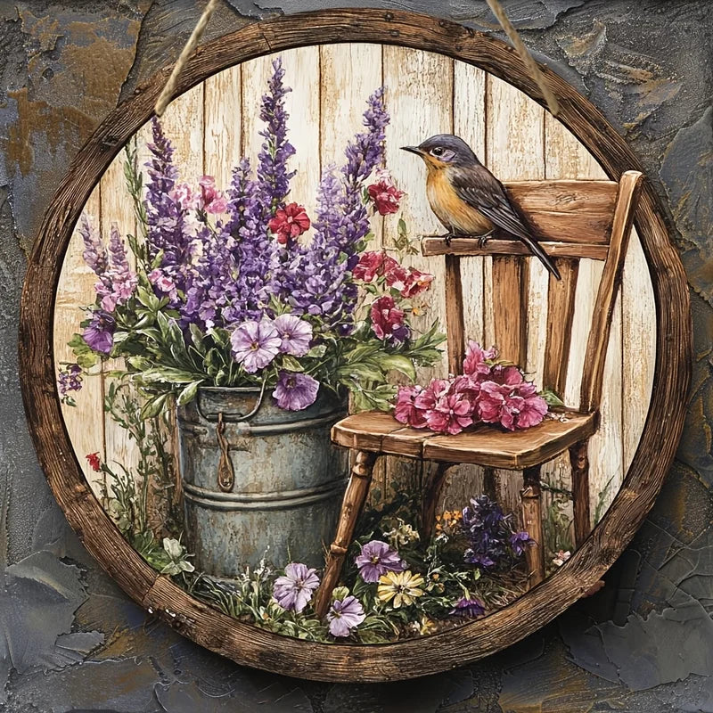 Rustic Wooden Sign with Bird and Flower Murals - 7.87 Inch Home Decor