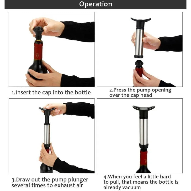 Vacuum Wine Saver Set with Pump and Reusable Stoppers - Stainless Steel Preservation Kit