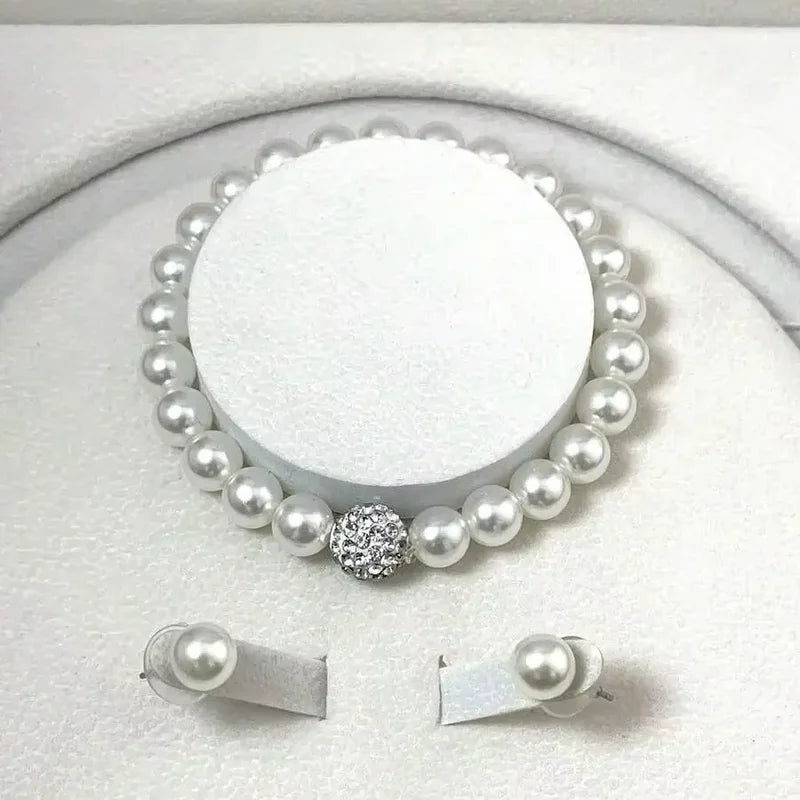Imitation Pearl Fireball Jewelry Set with Necklace Bracelet Earrings - Silver or Gold Color