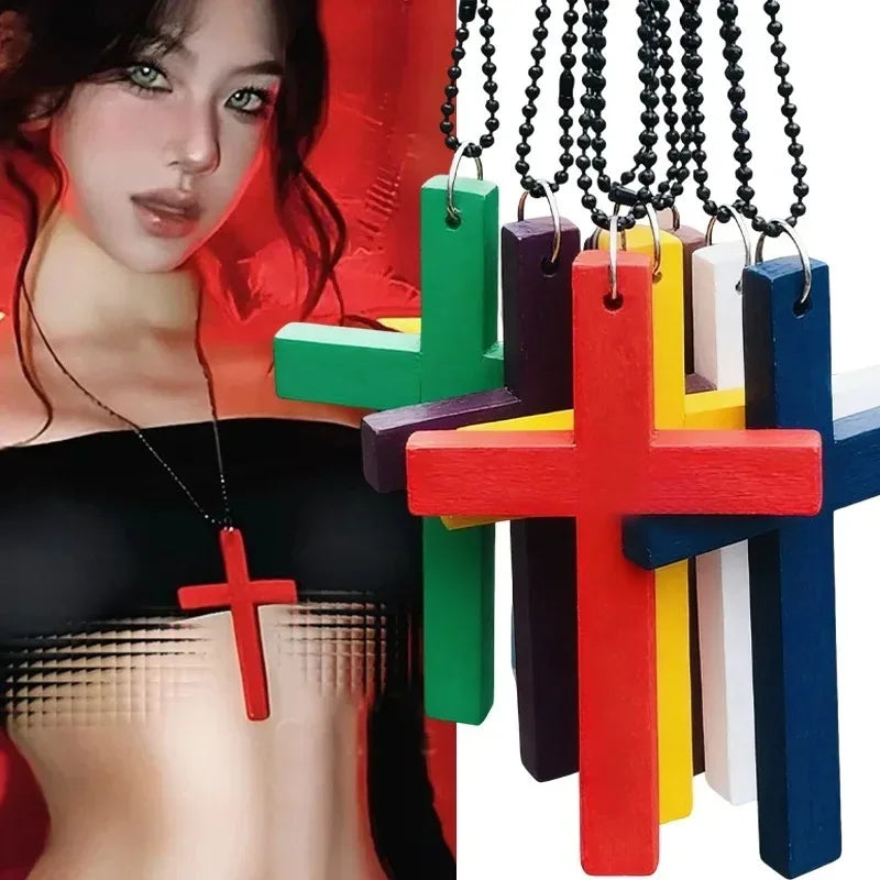Dark Wooden Cross Necklace - Gothic Boho Jewelry Chain Pendant