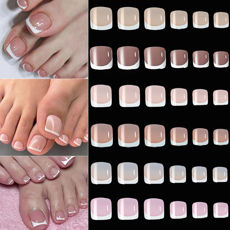 120pcs French Tip Press-On Toe Nails Short Square Glossy False Foot Nails Set