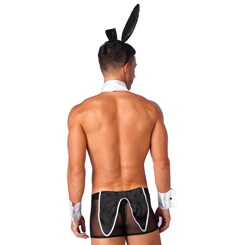 Men's Bunny Cosplay Costume Set with Sheer Boxer Briefs Rabbit Ears Headband and Accessories