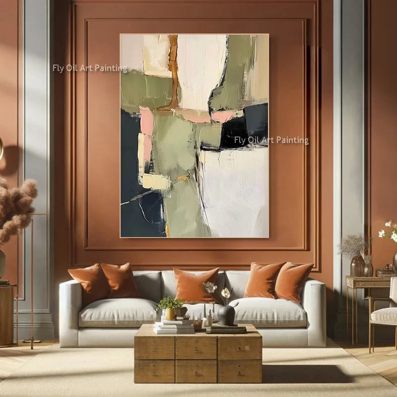 Large Abstract Wall Art Canvas - Thick Texture Grass Green Beige Handmade Oil Painting for Home Decor