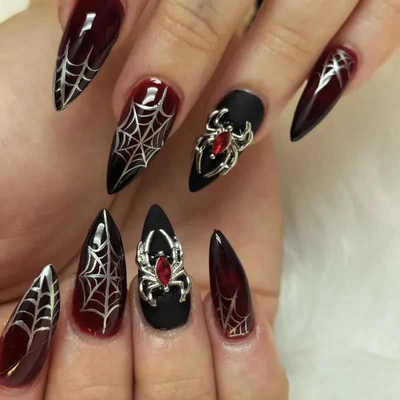 24-Pack Gothic Punk Fake Nail Tips - Spider Design, Press-On Almond Nails