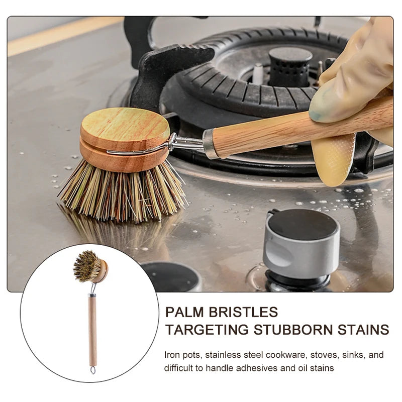 Replaceable Wooden Handle Dish Brush for Stain Removal Kitchen Cleaning Tool