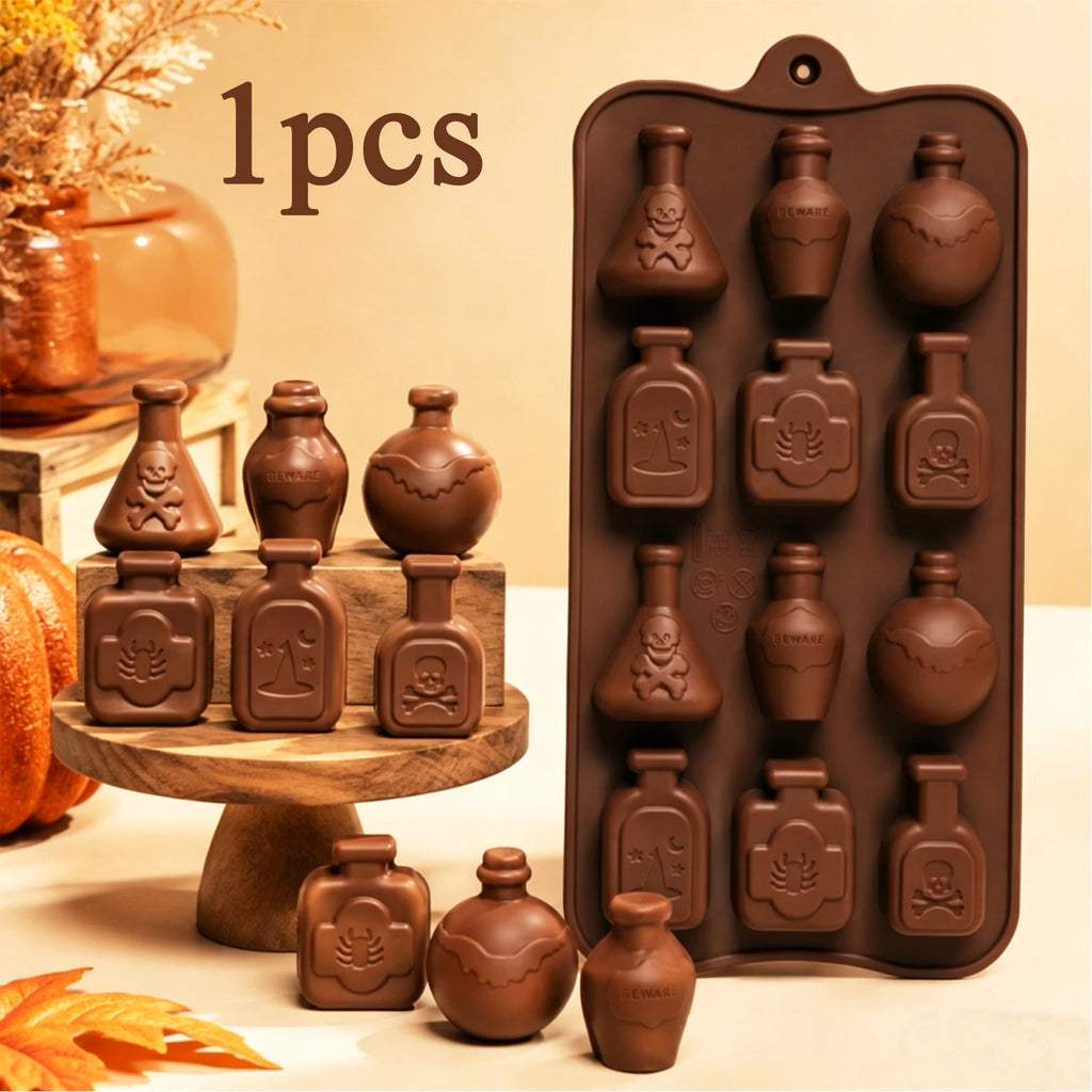 Halloween Witch Magic Potion Bottle Silicone Mold with Skull Bat Patterns for Resin and Chocolate Crafts