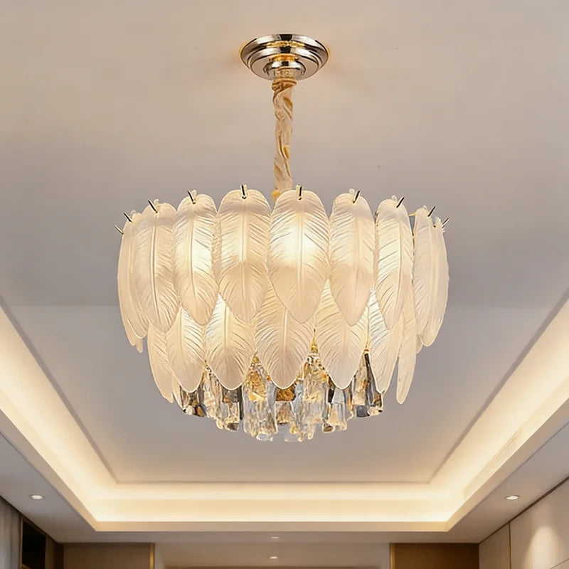 Modern Crystal Chandelier with Gold Finish - Dimmable Tri-Color E14 Fixture