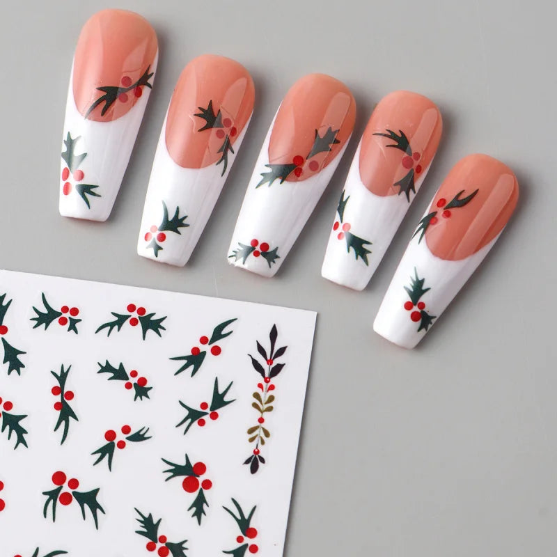 Christmas Holly Nail Art Stickers 2-Pack - Holiday Flower Leaf Decor for Nails