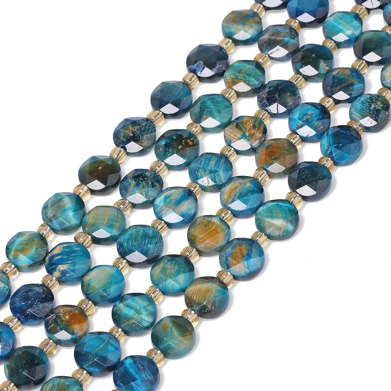 Natural Lake Blue Tiger Eye Beads Faceted Coin Shape Jewelry Making Supplies