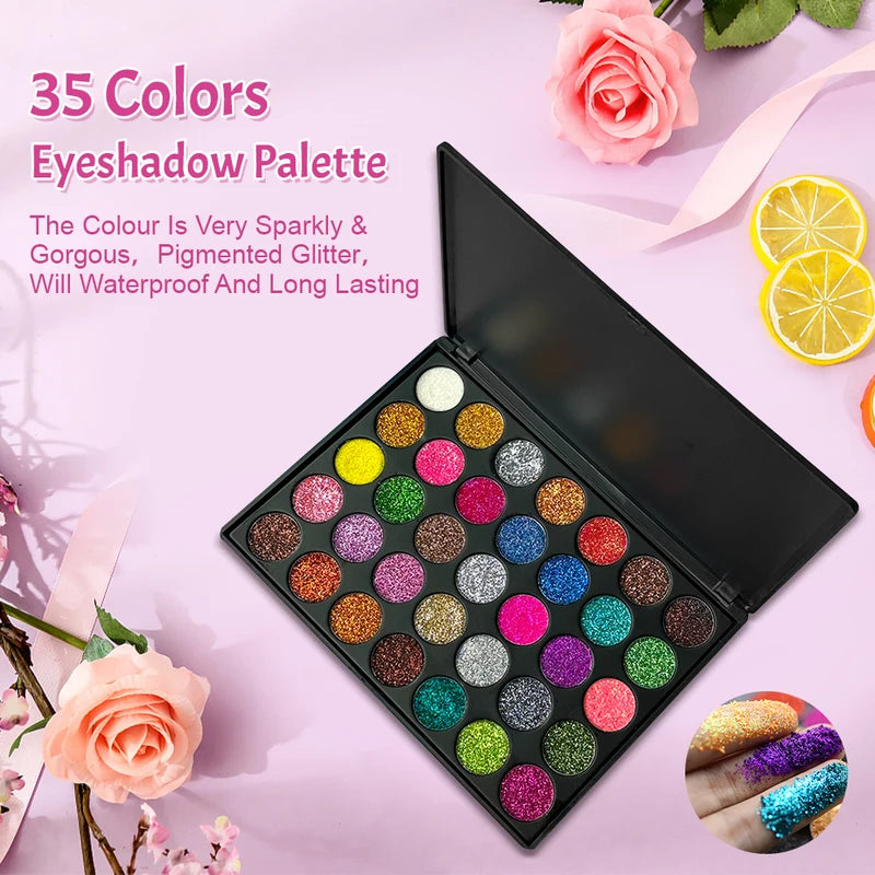 35 Colors Glitter Eyeshadow Palette Waterproof Long Lasting Metallic & Shimmer Makeup